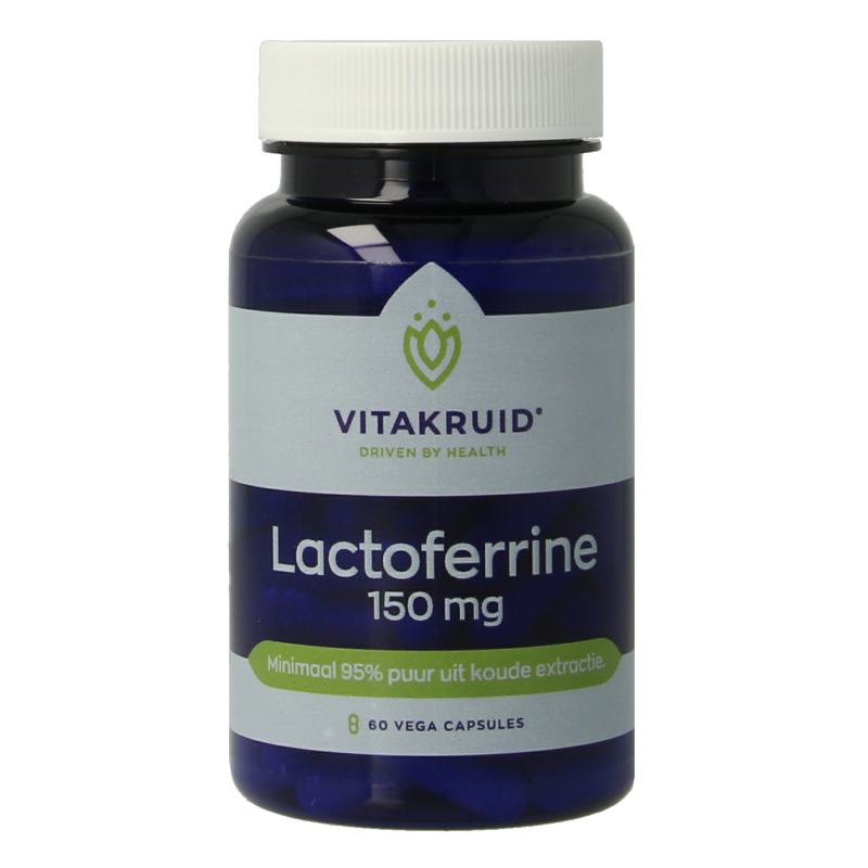 Vitakruid Lactoferrine 150 mg and Vitamin C vegetarian capsules in a bottle, showing the supplement packaging and capsules inside.