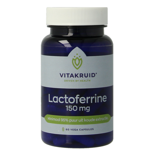 Vitakruid Lactoferrine 150 mg and Vitamin C vegetarian capsules in a bottle, showing the supplement packaging and capsules inside.