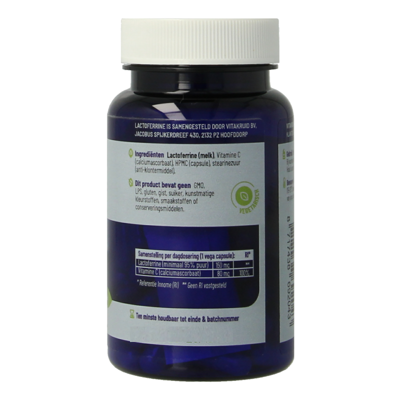 Vitakruid Lactoferrine 150 mg and Vitamin C 60 vegetarian capsules, dietary supplement with mineral and immune support.