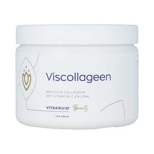 VitaKruid Viscollageen pure collageen supplement with vitamine C and zink, 130g, shown in the product image.