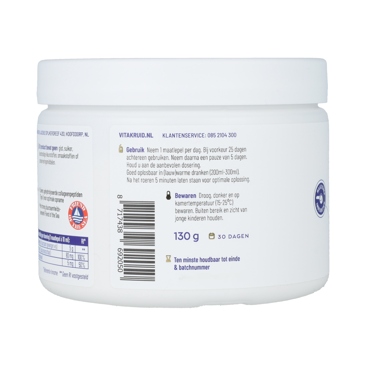 Bottle of Vitakruid Viscollageen collagen supplement with vitamin C and zinc, 130 grams, showing the product label.