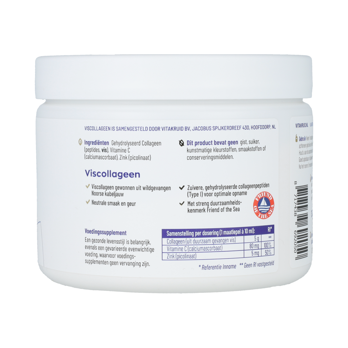 Bottle of Vitakruid Viscollageen with 99% pure collagen, vitamin C & zinc, 130g, dietary supplement for skin health.