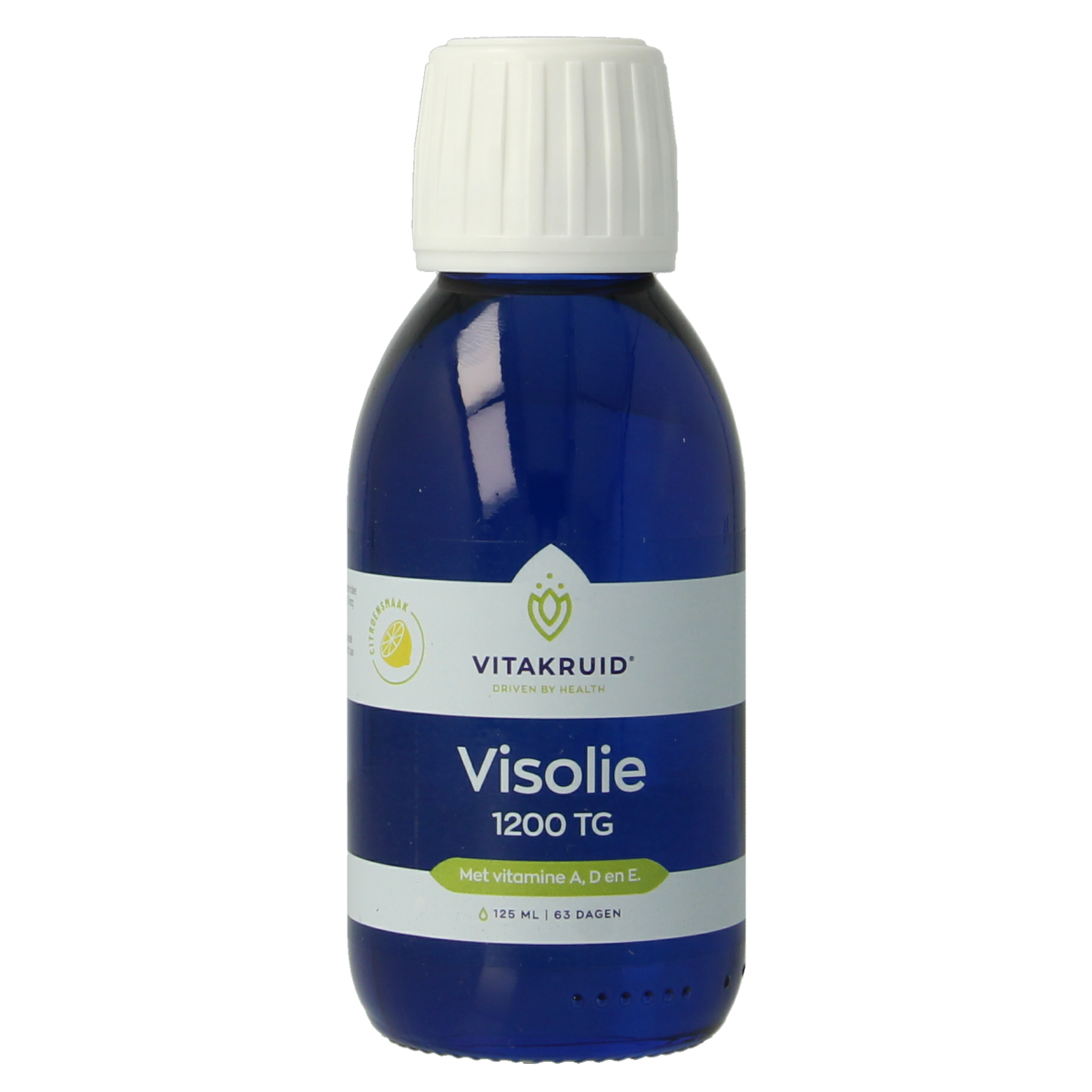 Bottle of Vitakruid Visolie 1200 liquid triglycerides with vitamins A, D, and E in 125ml bottle, close-up shot.