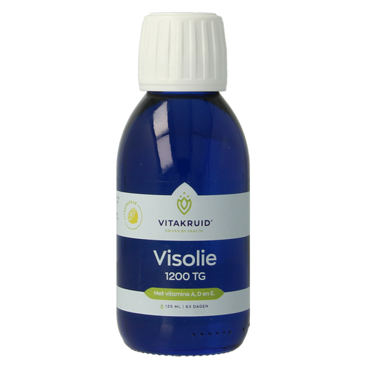Bottle of Vitakruid Visolie 1200 liquid triglycerides with vitamins A, D, and E in 125ml bottle, close-up shot.