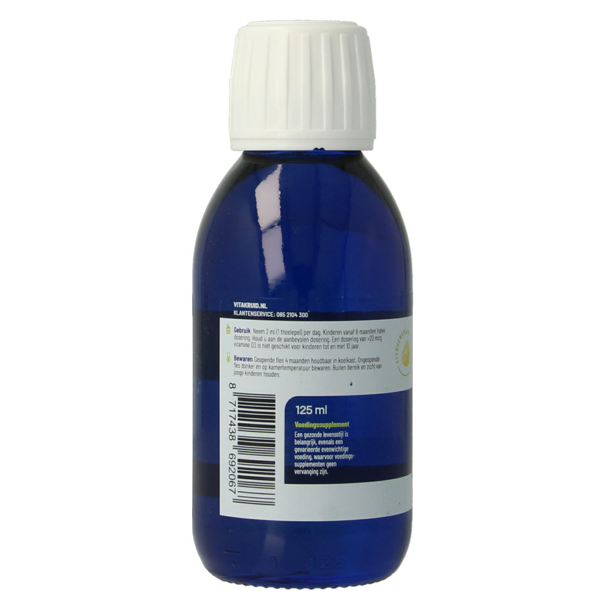 Bottle of Vitakruid Visolie 1200 Vloeibaar Triglyceriden with A, D, E vitamins in 125ml liquid omega-3 fatty acids
