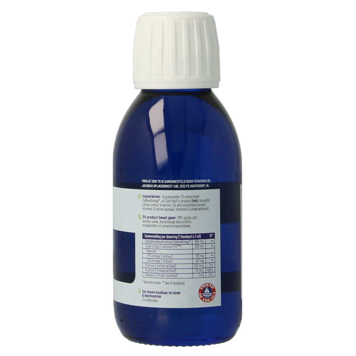 Bottle of Vitakruid Visolie 1200 liquid triglycerides with vitamins A, D, and E in a 125ml container, shown with a clear label.