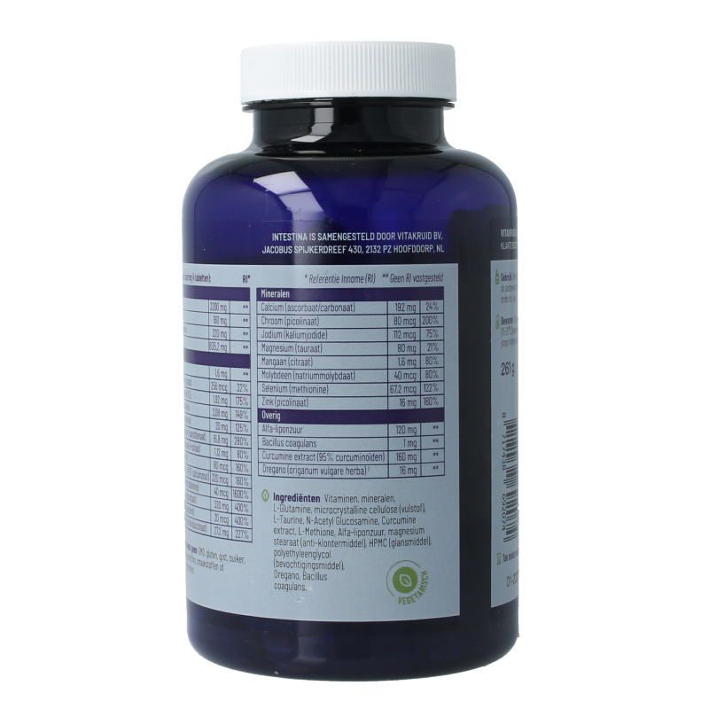 Bottle of Vitakruid Intestina Darmformule probiotic and L-Glutamine tablets, herbal supplement for digestive health.