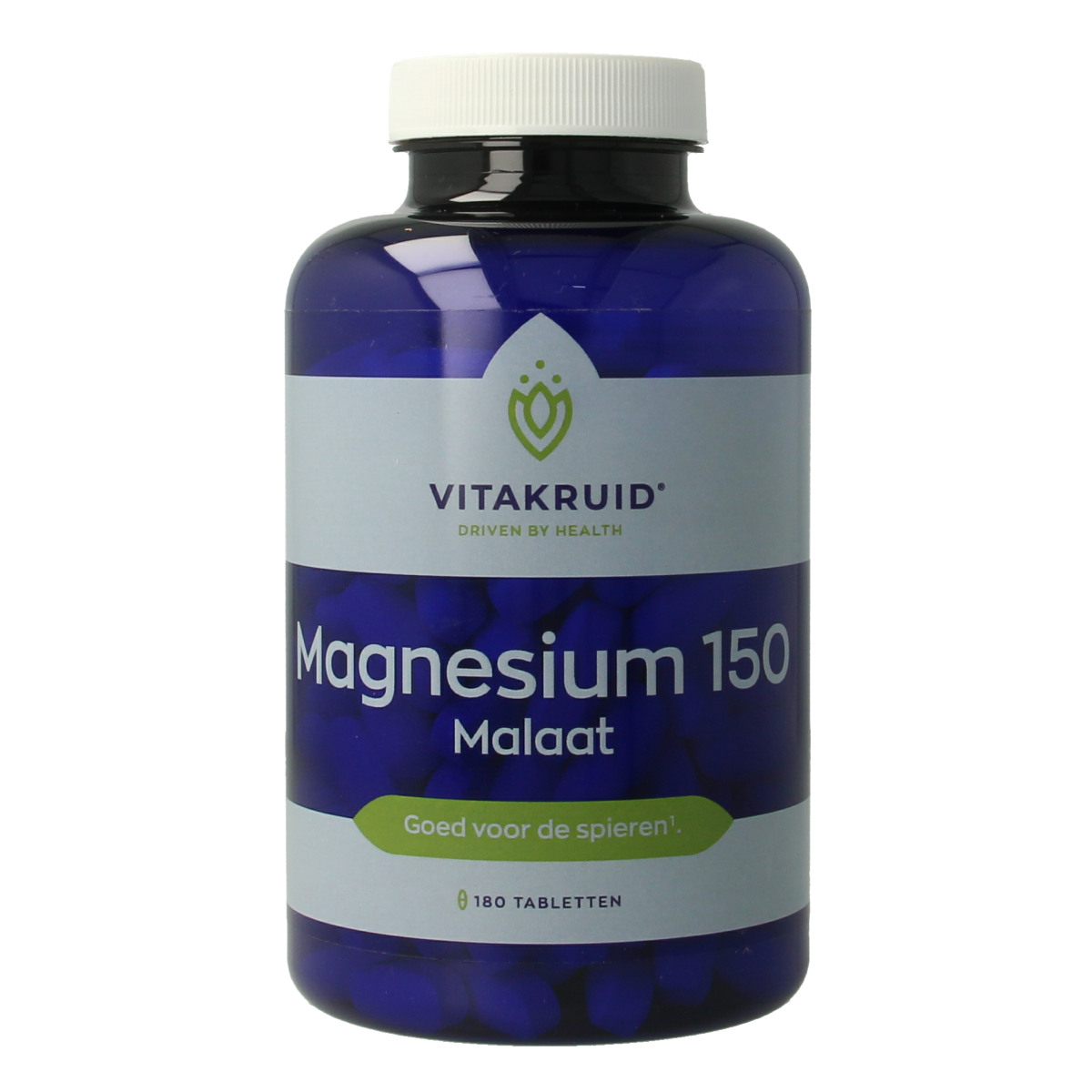 Vitakruid Magnesium 150 Malaat with Vitamin B6 tablets, dietary mineral supplement, white bottle with label, 180 count