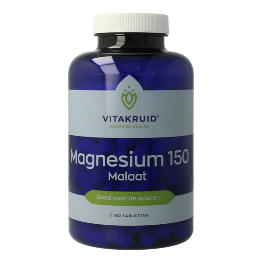 Vitakruid Magnesium 150 Malaat with Vitamin B6 tablets, dietary mineral supplement, white bottle with label, 180 count