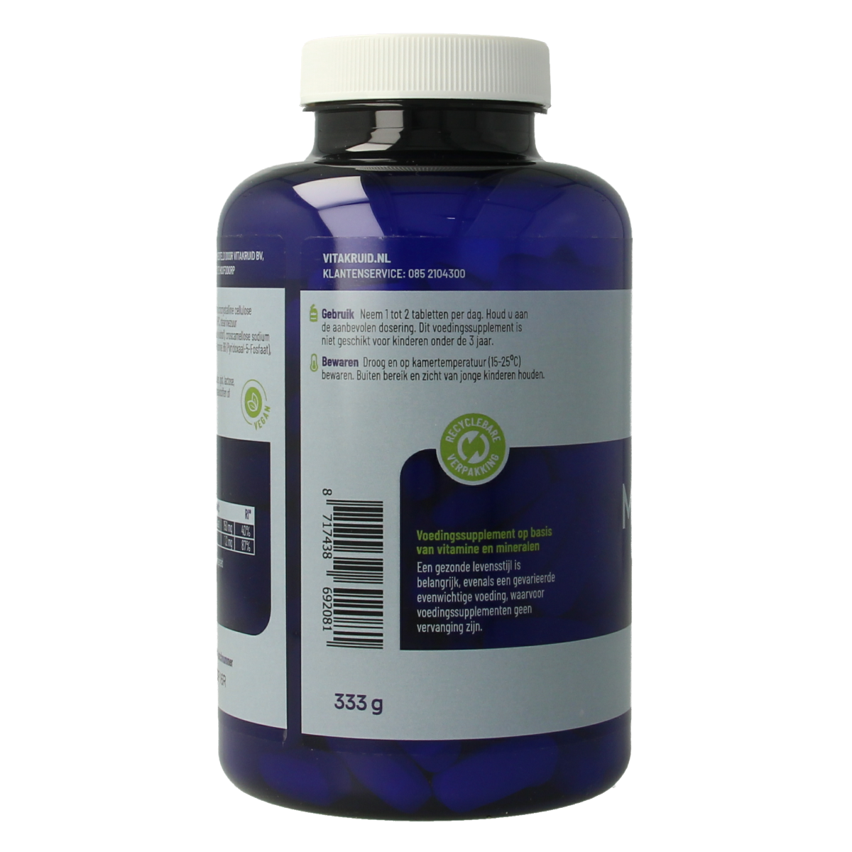 Vitakruid Magnesium 150 Malaat with Vitamin B6 tablets, mineral supplement showing the bottle and tablets inside.