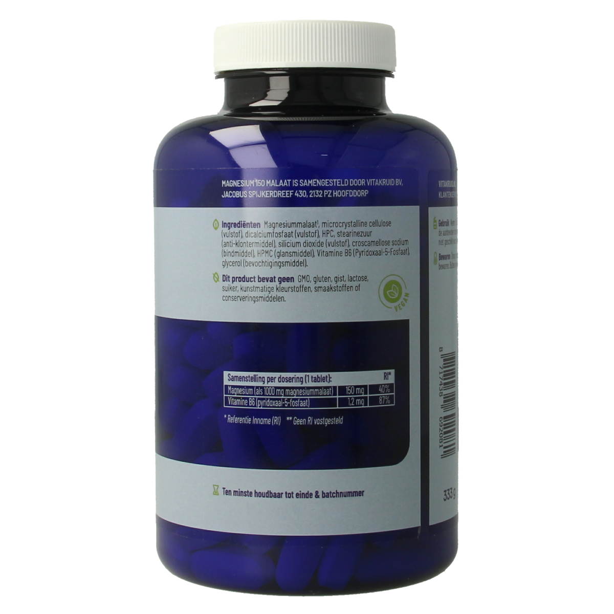 Vitakruid Magnesium 150 Malaat with Vitamin B6 tablets, mineral supplement in blister pack, 180 count.