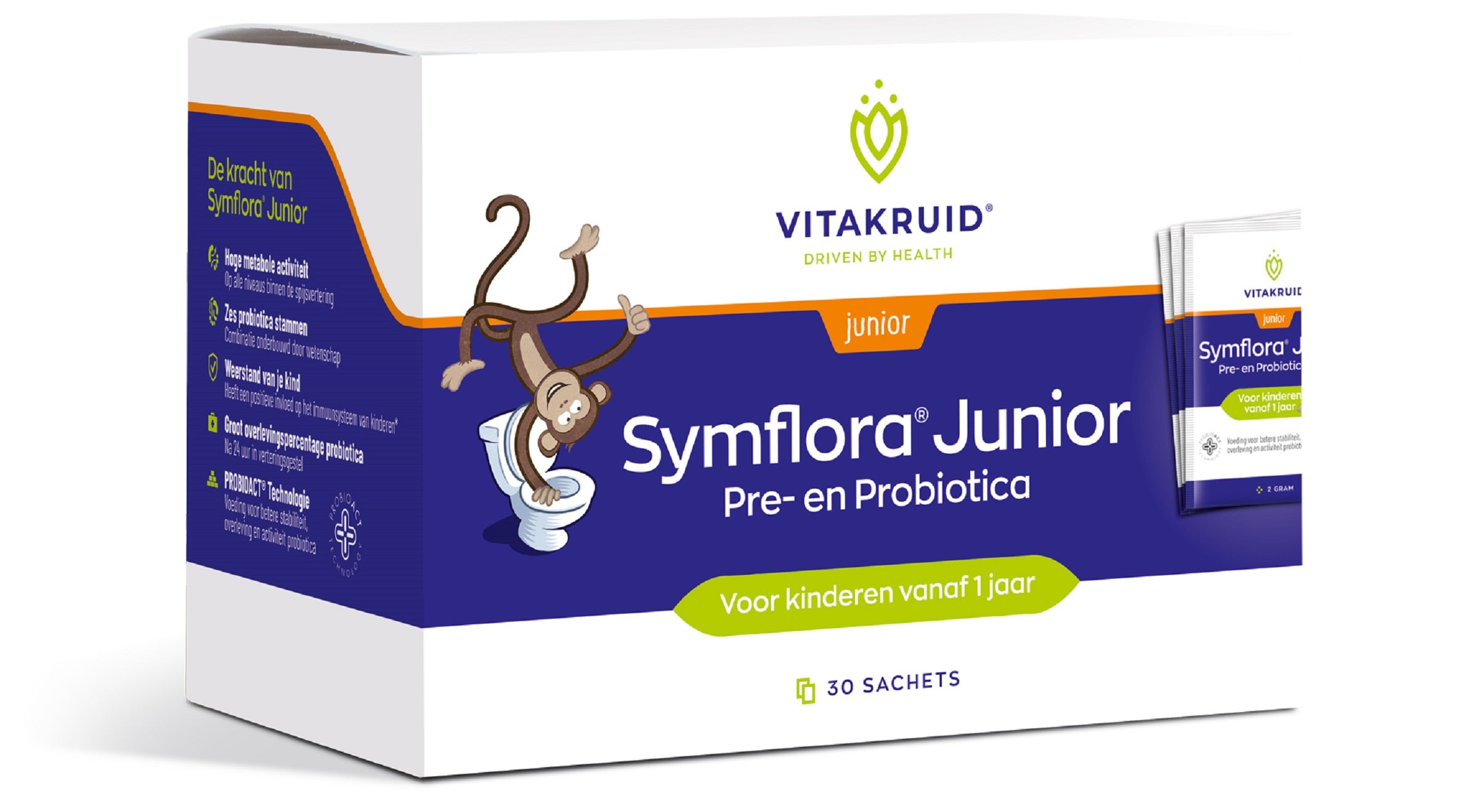 Vitakruid Symflora Junior probiotic sachets with micro-organisms for kids, 30 sachets, supporting digestive health.