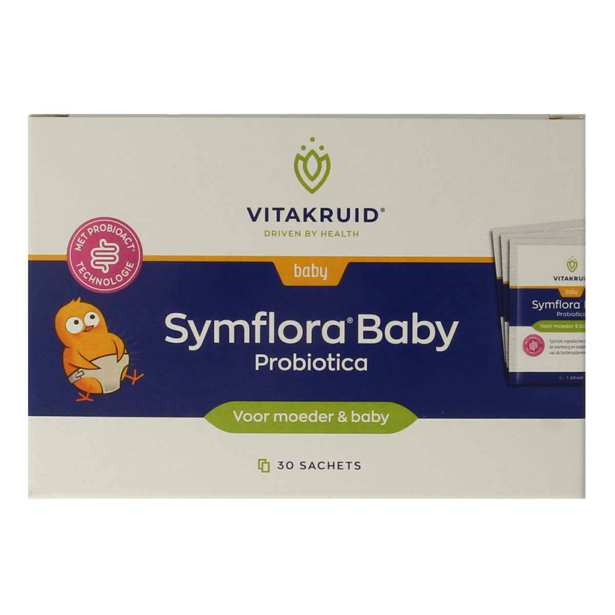 Vitakruid Symflora Baby Probiotica sachets with micro-organisms for mothers and babies, showing the product packaging and sachets.