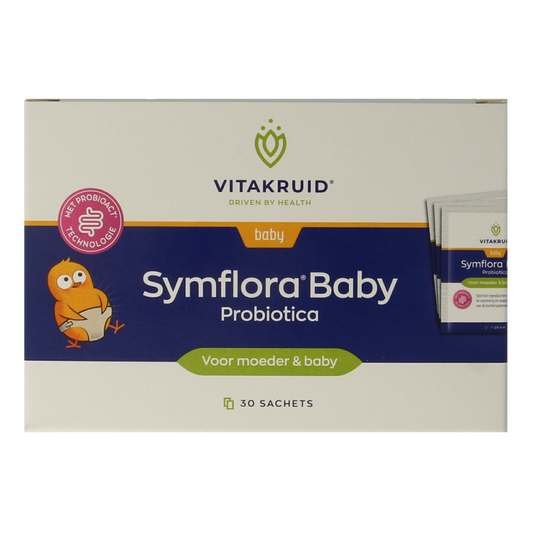 Vitakruid Symflora Baby Probiotica sachets with micro-organisms for mothers and babies, showing the product packaging and sachets.