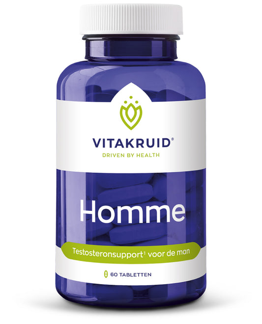 Vitakruid Homme oa kruidenpreparaten met Ashwagandha, Fenegriek, Shilajit en Damiana in een doos met 60 tabletten