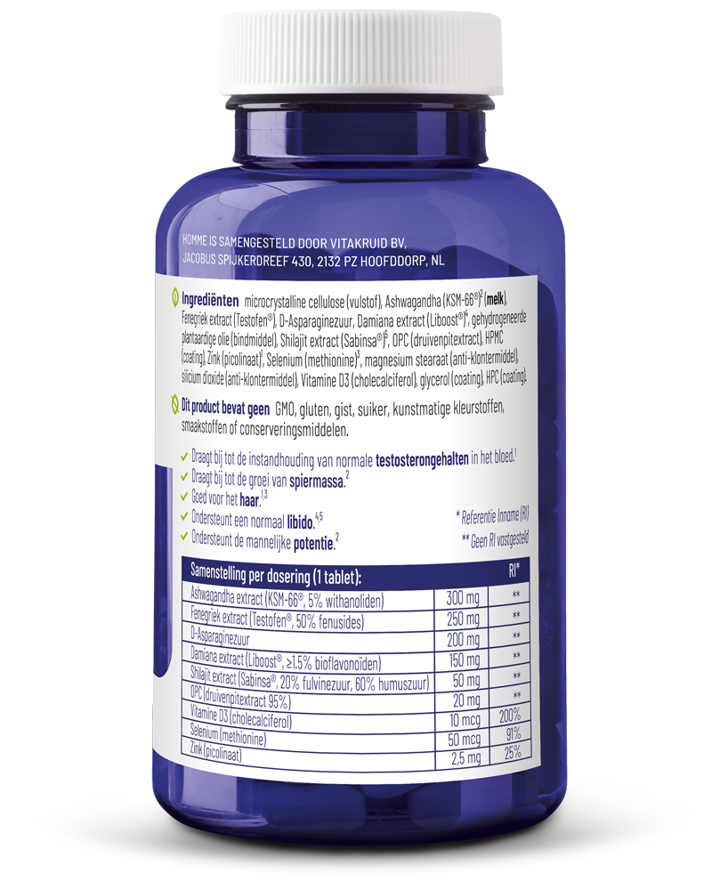 Vitakruid Homme oa kruidenpreparaat met Ashwagandha, Fenegriek, Shilajit en Damiana in 60 tabletten, voor natuurlijke ondersteuning.