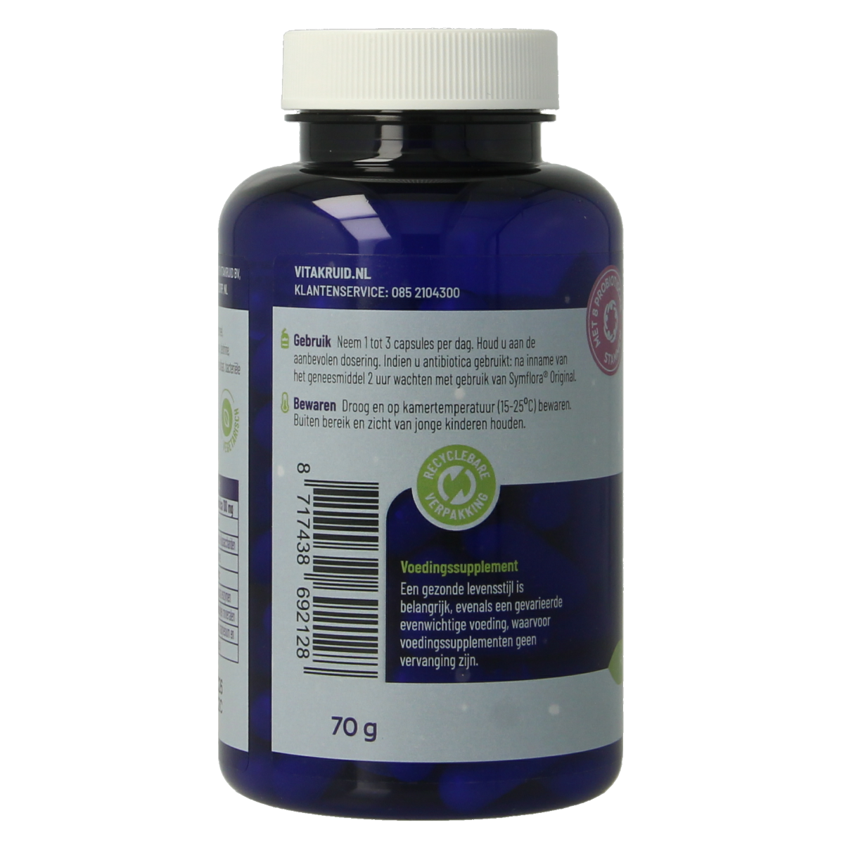 Vitakruid Symflora Original probiotic capsules with 8 strains of micro-organisms, vegetarian supplement in a plastic bottle.