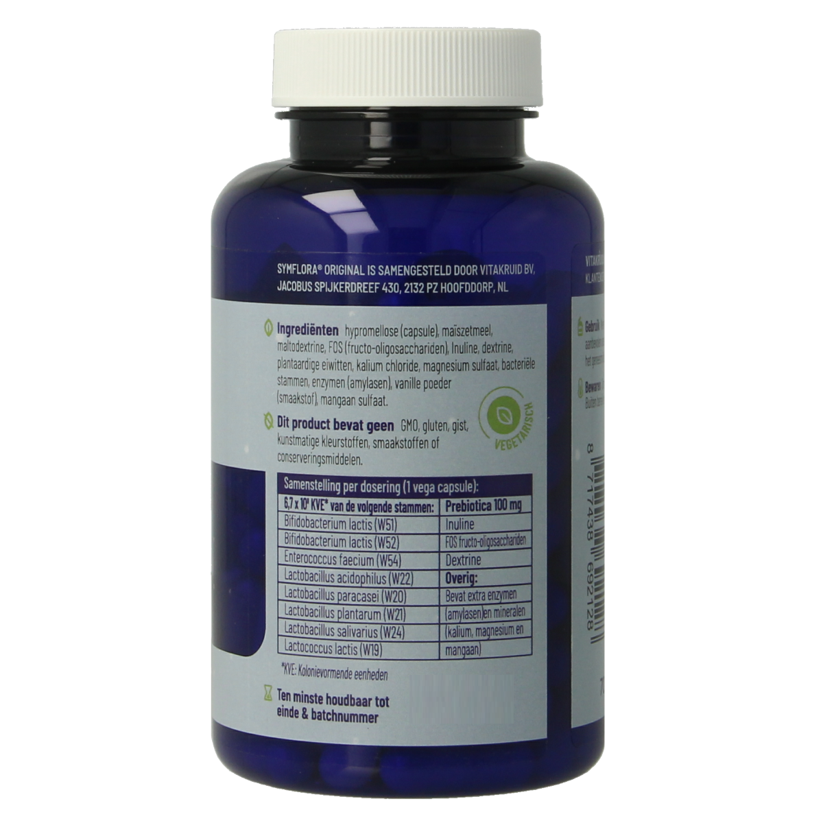 Vitakruid Symflora Original probiotic capsules with 8 strains, vegetarian micro-organisms in a 90-capsule bottle.