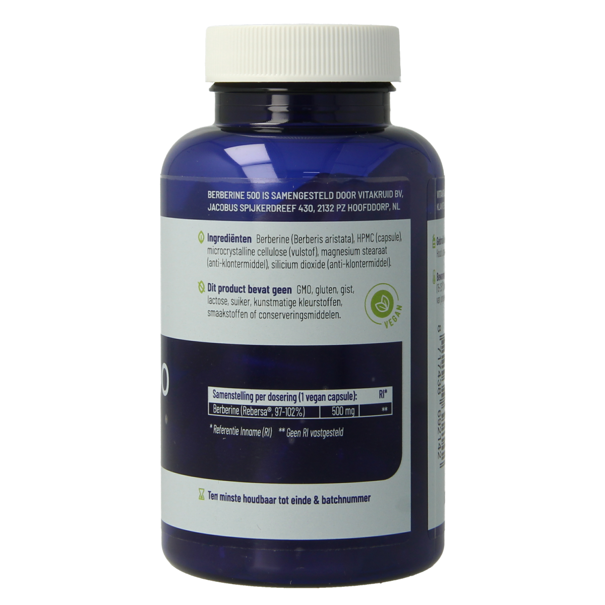 Vegetarische capsules van Vitakruid Berberine 500 Rebersa met berberine zouten voor kruidenpreparaten, 90 capsules in afbeelding.
