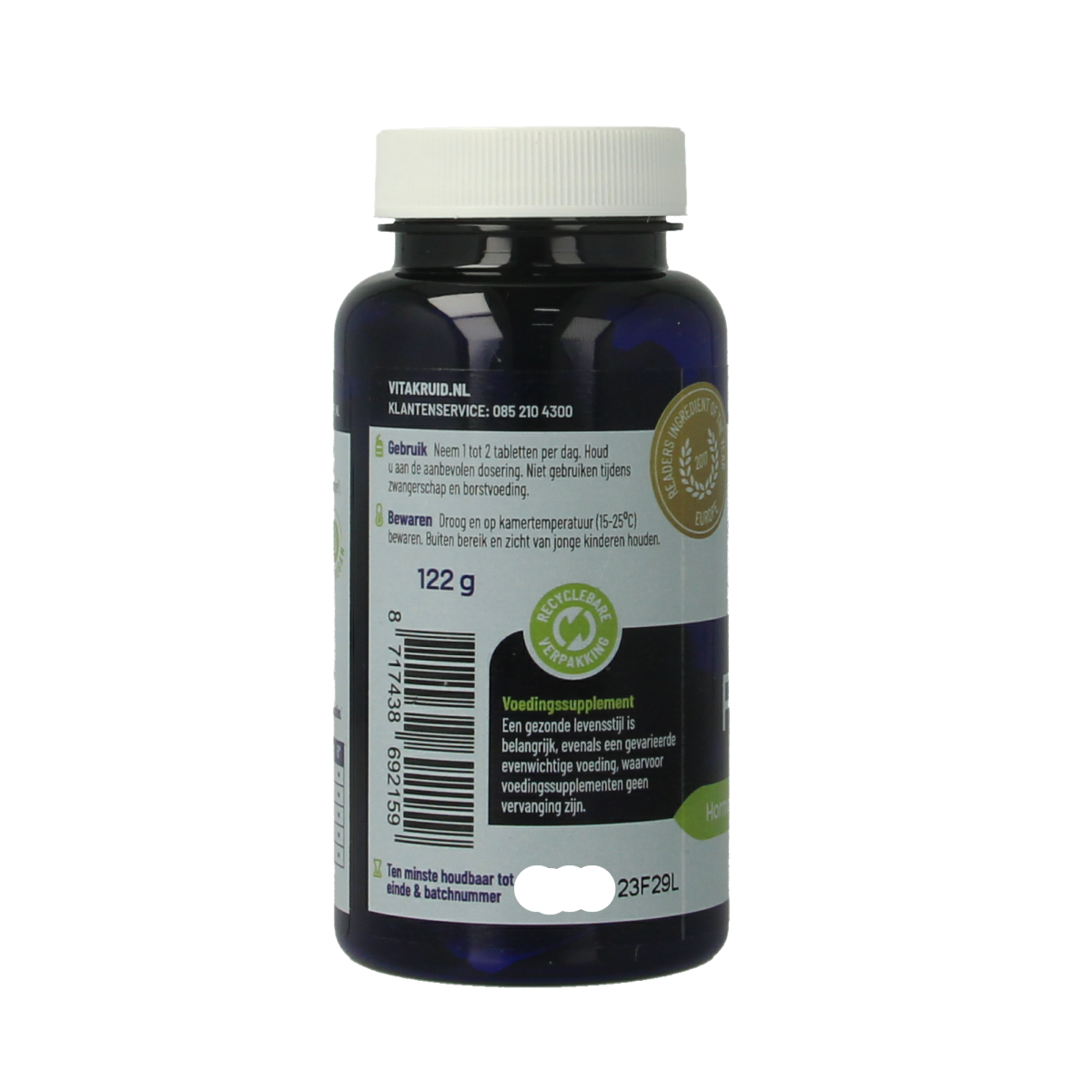 Vitakruid Femme Hormoonsupport kruidenpreparaat with Maca and Saffraan in a bottle of 90 tablets.