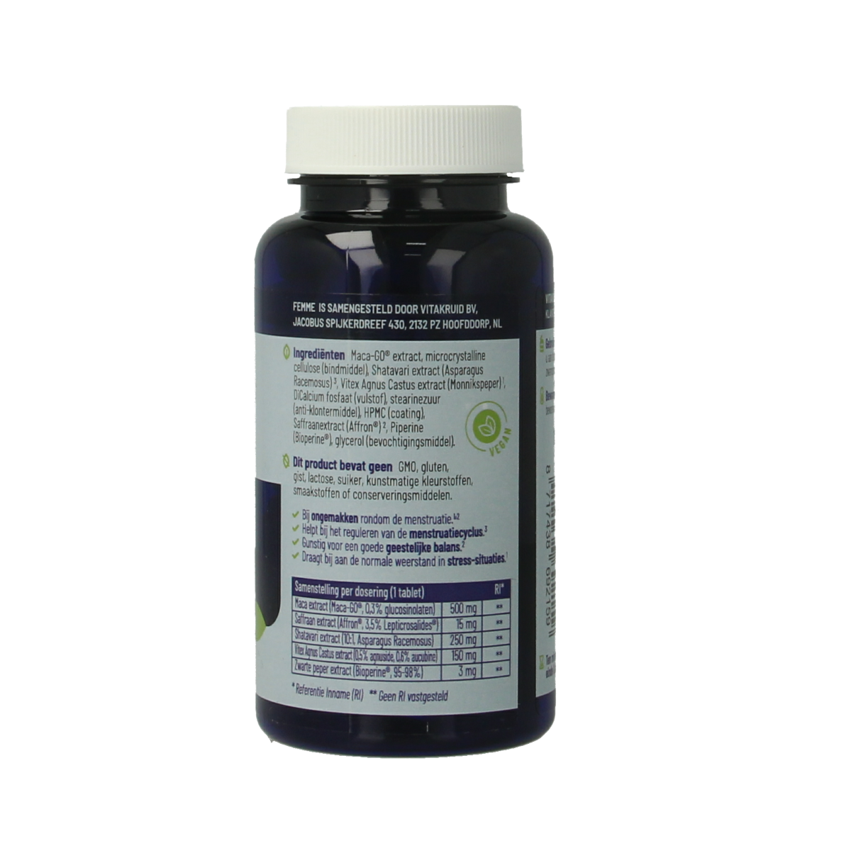 Vitakruid Femme Hormoonsupport herbal supplement with Maca and Saffron in 90 tablets, natural herbal remedy for hormonal balance.