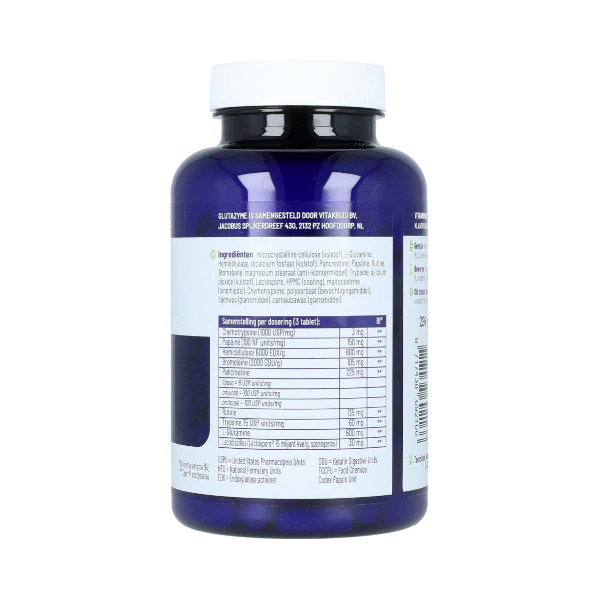 Vitakruid Glutazyme oa spijsverteringsenzymen en L-Glutamine supplement in a plastic bottle with tablets for digestion support.