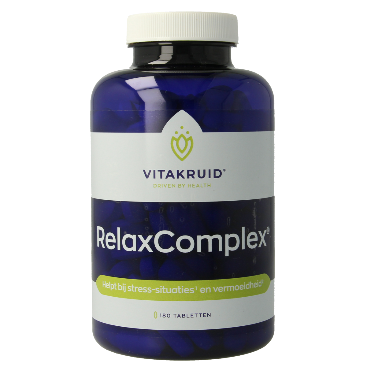 Vitakruid RelaxComplex magnesium taurate and vitamin D3 tablets, dietary supplement, bottle with 180 tablets visible.