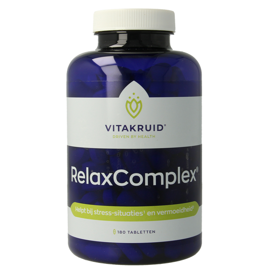 Vitakruid RelaxComplex magnesium taurate and vitamin D3 tablets, dietary supplement, bottle with 180 tablets visible.