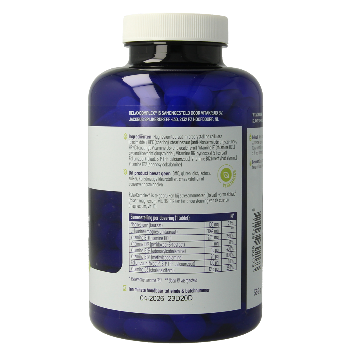 Vitakruid RelaxComplex oa magnesium tauraat and vitamin D3 supplement bottles with 180 tablets, dietary mineral and vitamin product.
