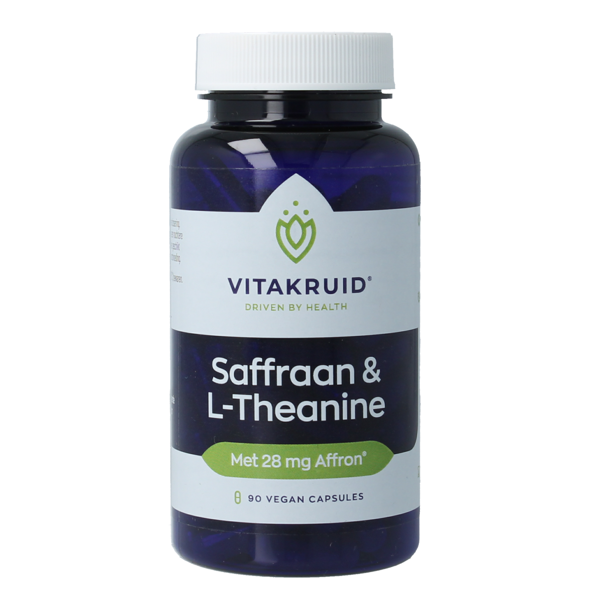 Vitakruid saffraan 28mg (Affron) and L-Theanine vegetarian capsules, herbal supplement with yellow saffraan and capsule shape.