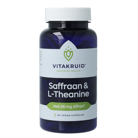 Vitakruid saffraan 28mg (Affron) and L-Theanine vegetarian capsules, herbal supplement with yellow saffraan and capsule shape.
