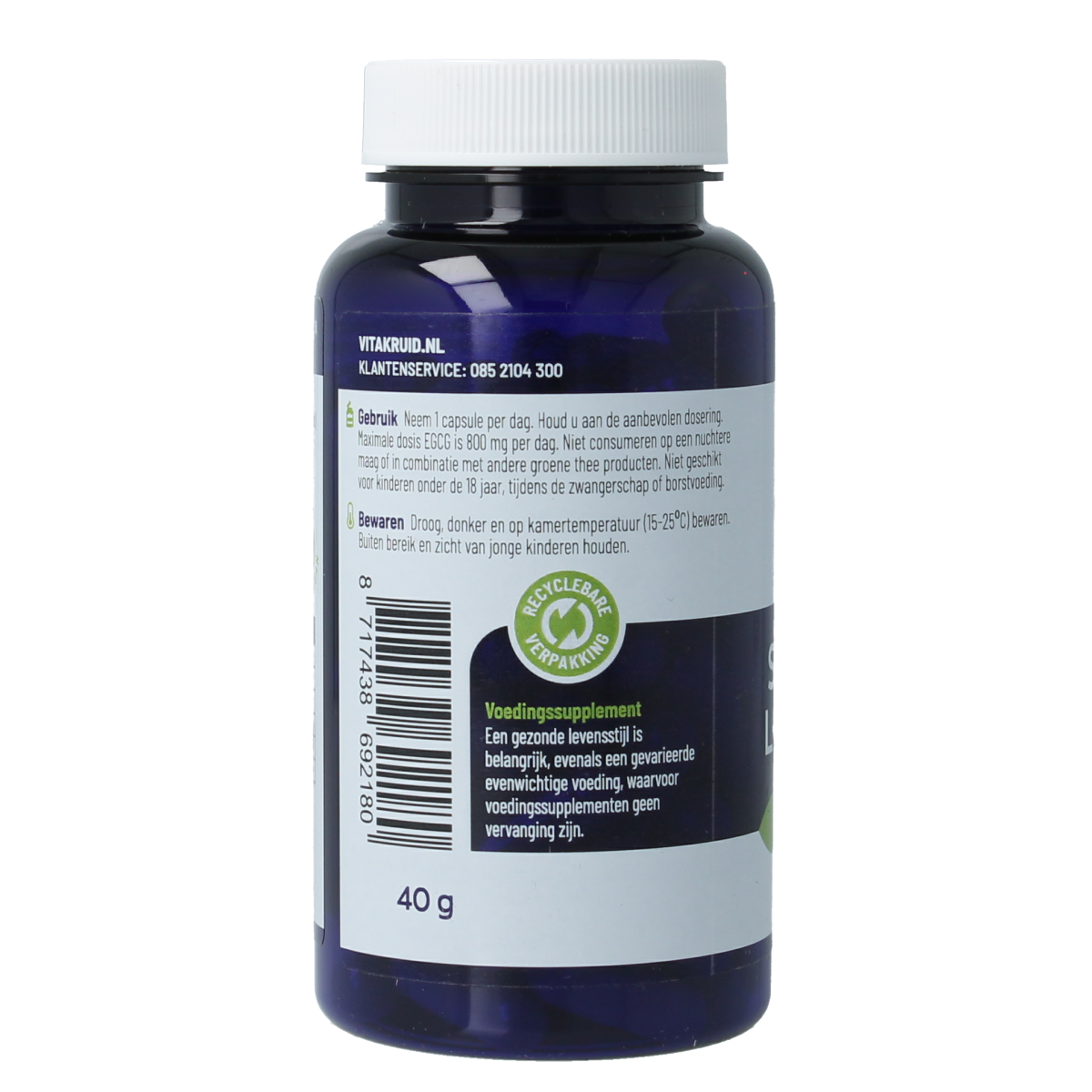 Vegetarian capsules of Vitakruid Saffraan 28mg (Affron) and L-Theanine dietary supplement in a clear container.