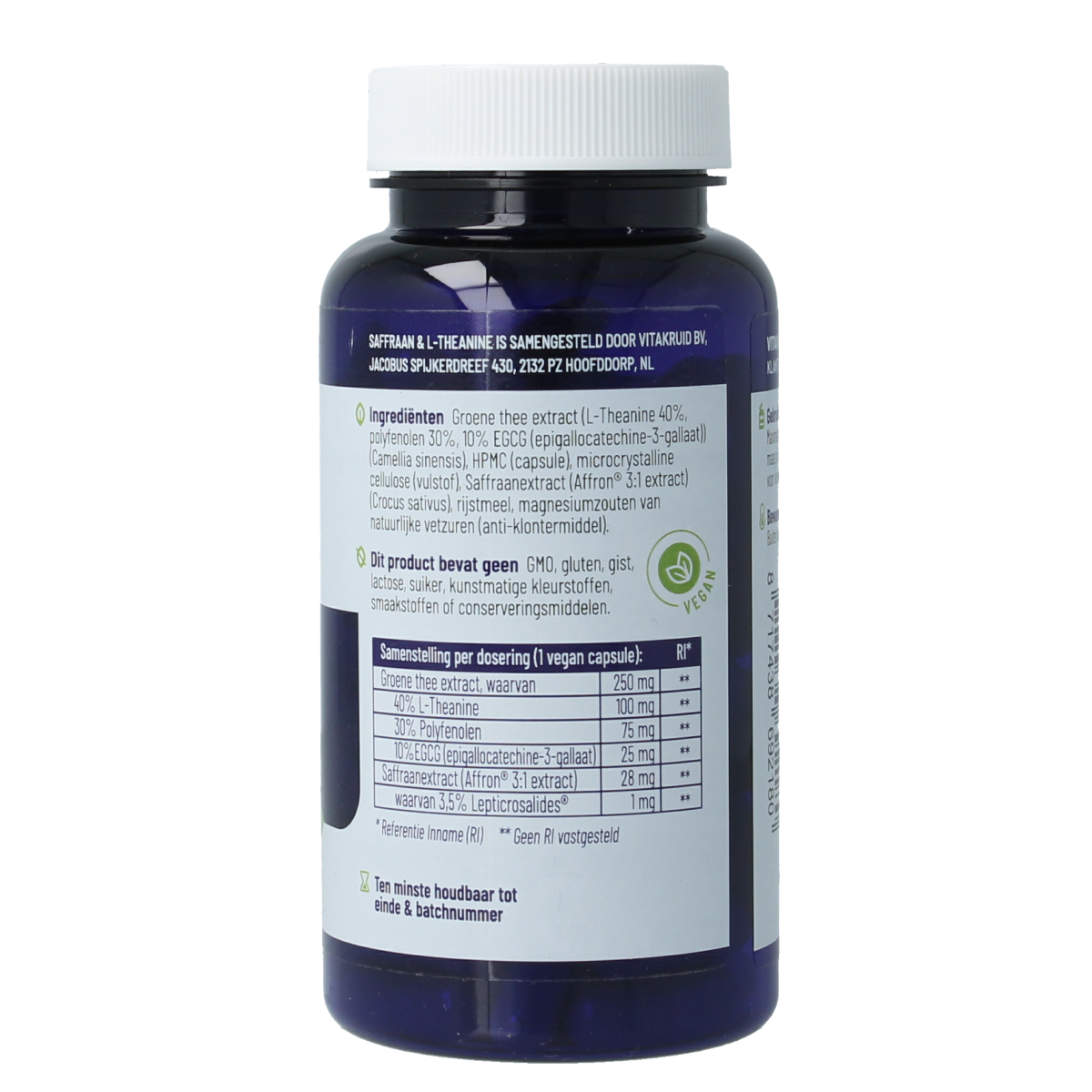 Vitakruid Saffraan 28mg and L-Theanine vegetarian capsules, herbal supplement with saffron and L-theanine ingredients.