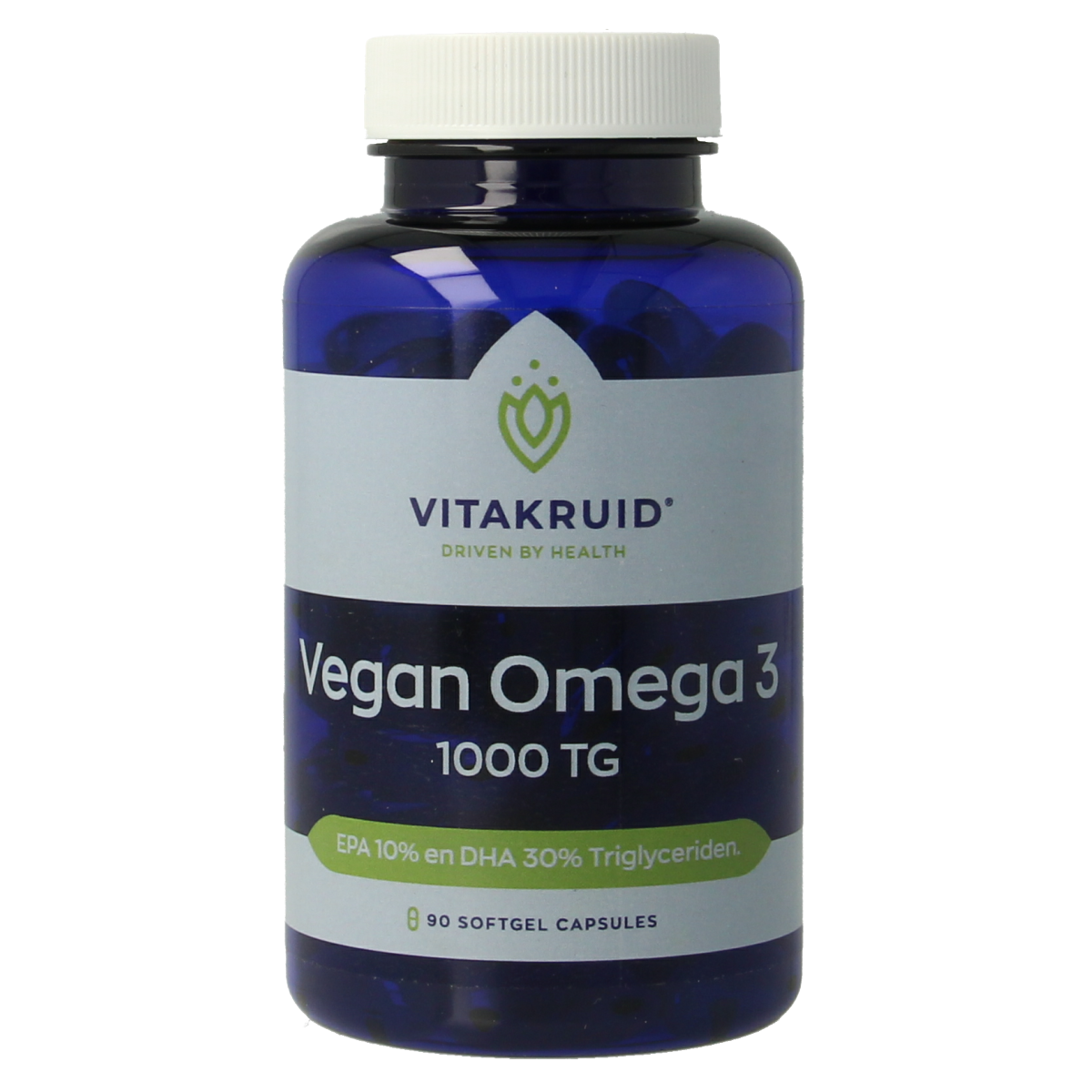 VitaKruid Vegan Omega 3 softgels with 300mg DHA and 100mg EPA, triglyceride form, vegan dietary supplement.