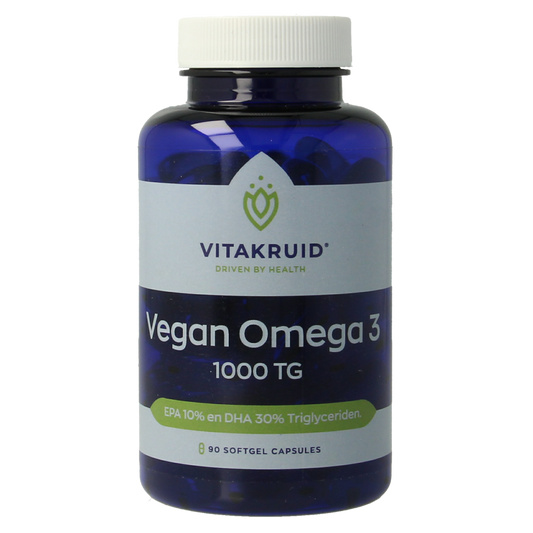 VitaKruid Vegan Omega 3 softgels with 300mg DHA and 100mg EPA, triglyceride form, vegan dietary supplement.