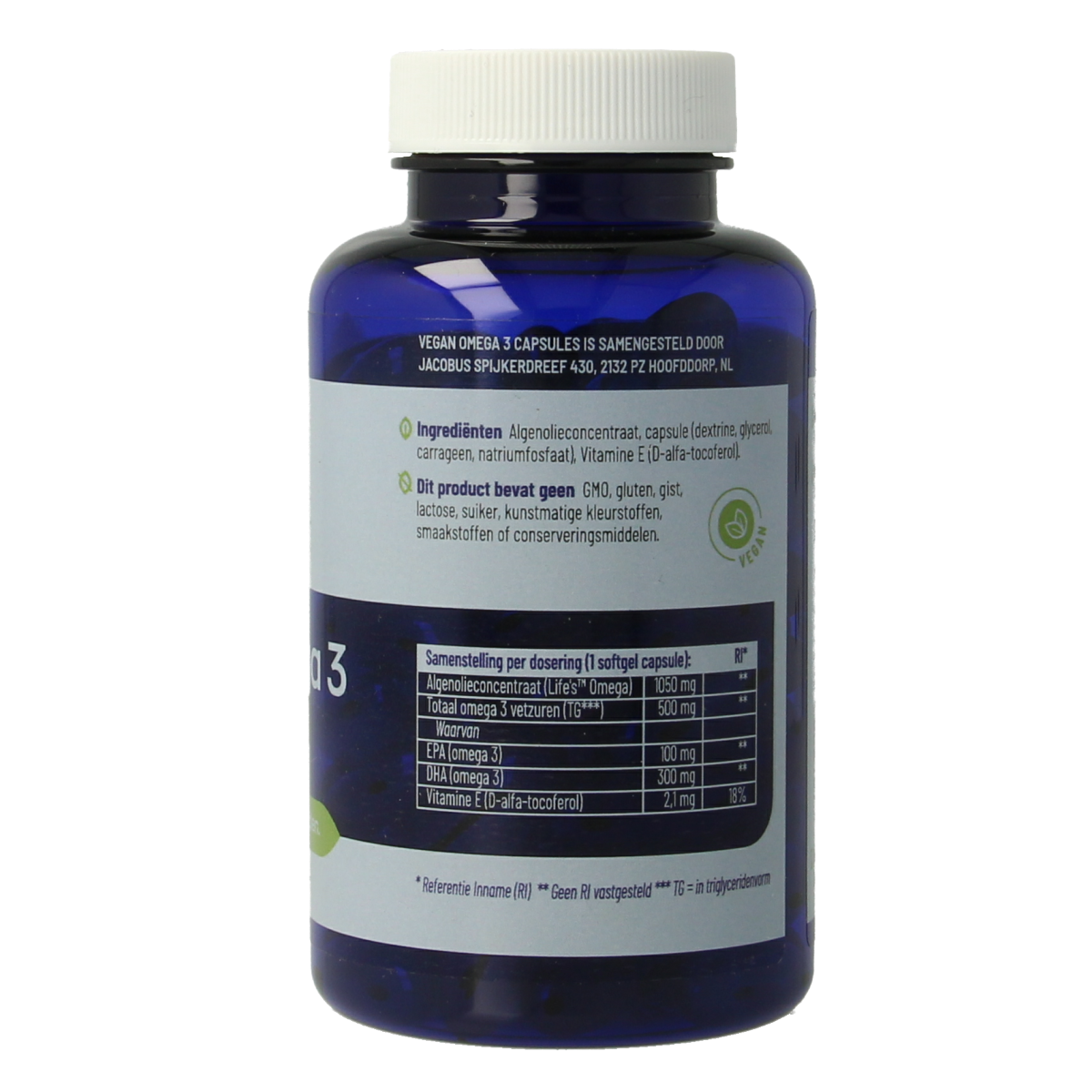 VitaKruid Vegan Omega 3 softgels with 300mg DHA and 100mg EPA, vegan Vetzuren supplement in a clear bottle.