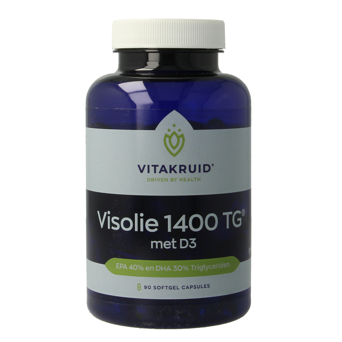 Vitakruid Visolie 1400 TG softgels with vitamin D3, displayed in a bottle with softgel capsules, supplement for healthy fats and D3.