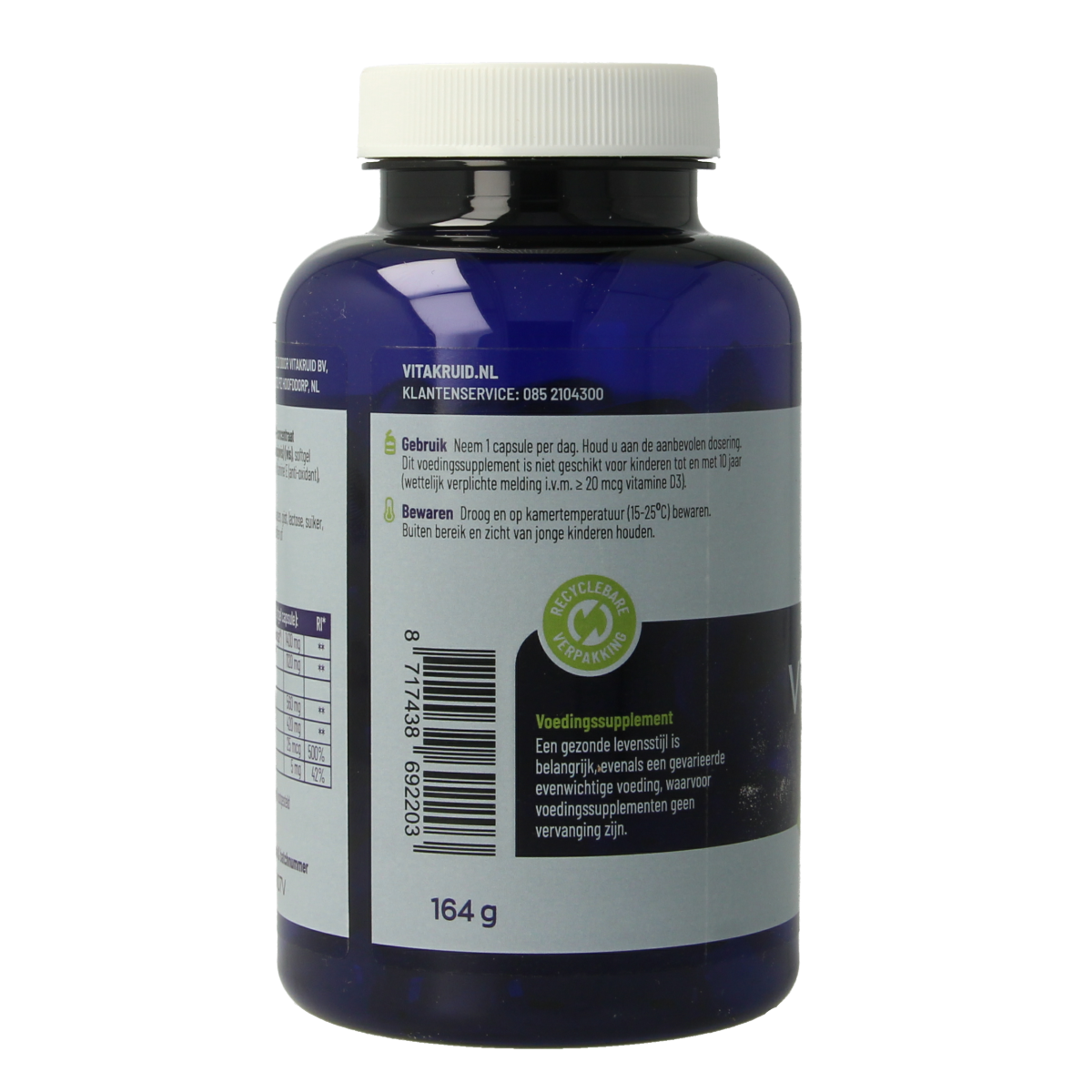 Softgel capsules of Vitakruid Visolie 1400 TG triglycerides with D3, showing golden fish oil gel caps in a bottle.