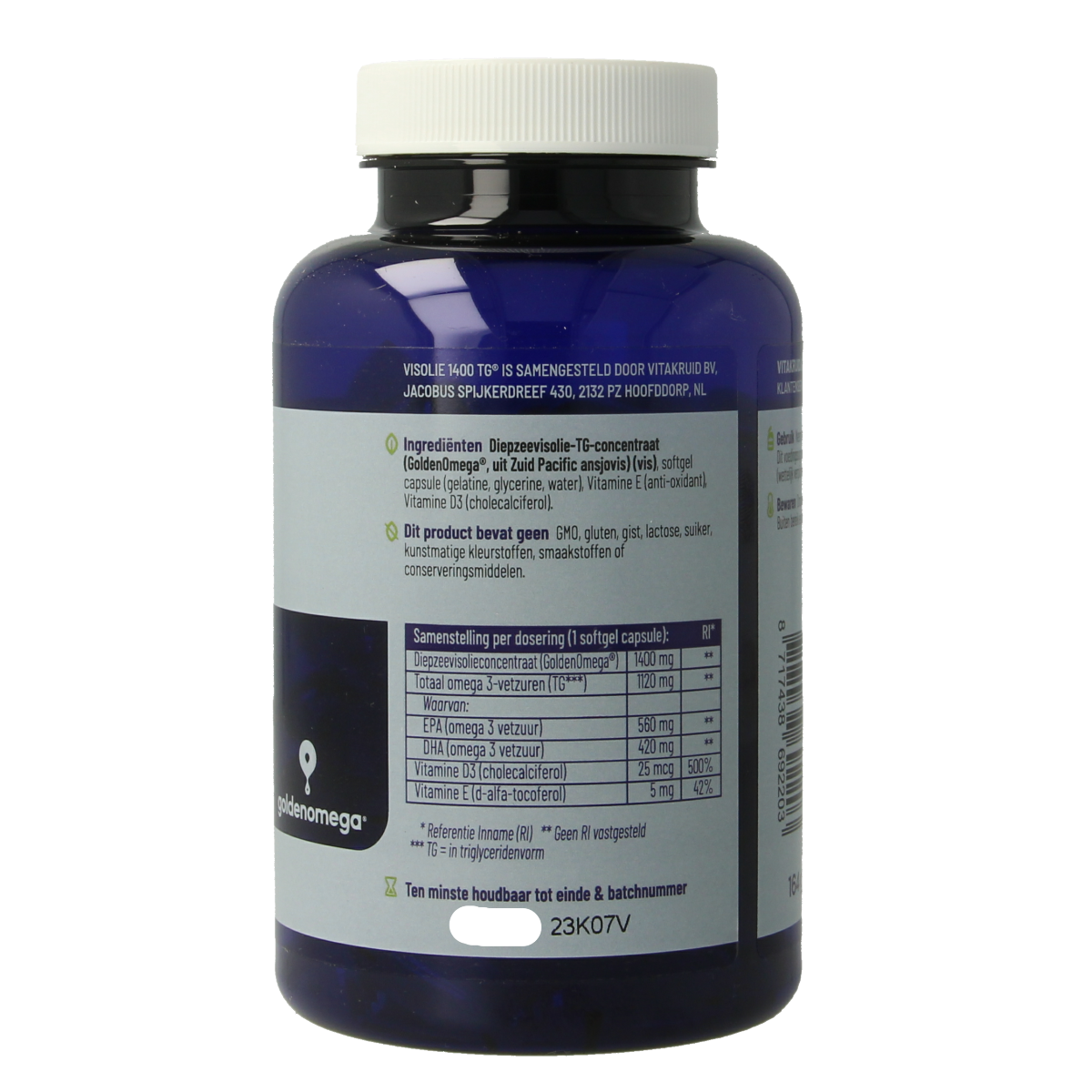 Vitakruid Visolie 1400 TG softgels with D3, omega triglyceride fish oil supplement in a bottle
