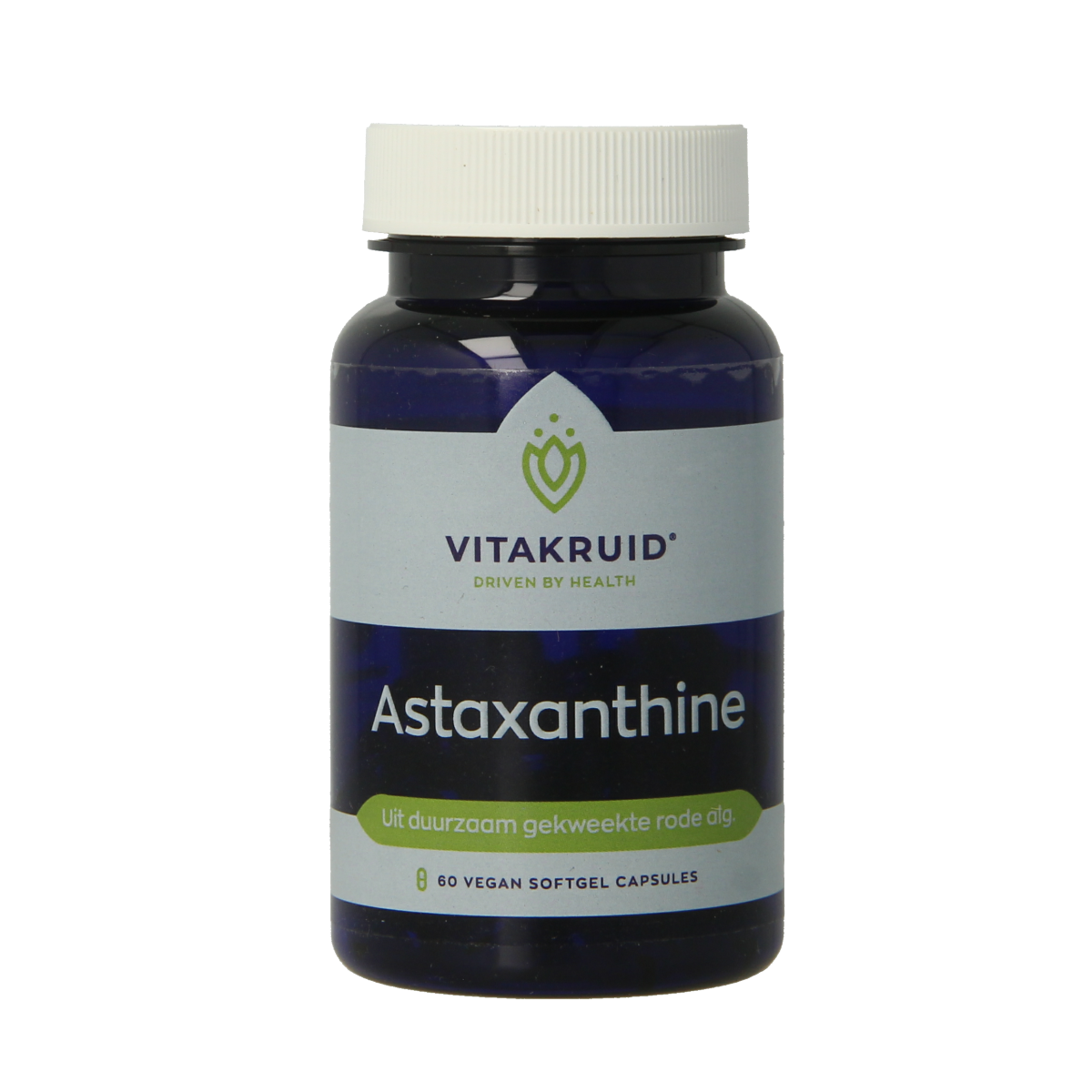 Vitakruid Astaxanthine Astapure 4mg vegetarian capsules made from sustainably cultivated algae, shown in a bottle with capsules inside.