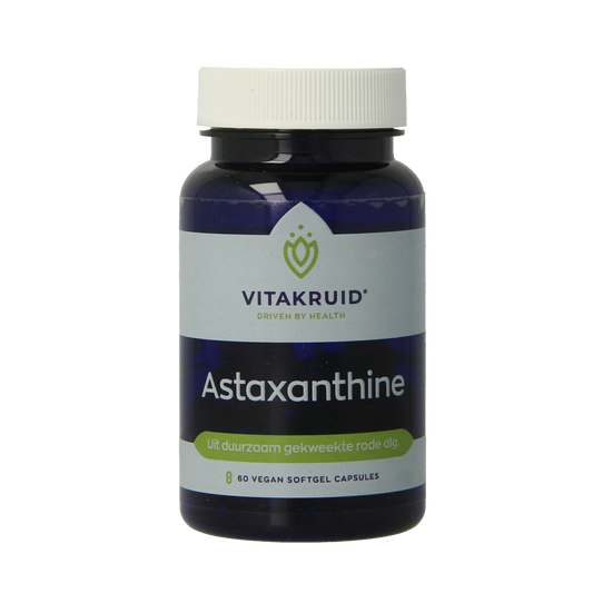 Vitakruid Astaxanthine Astapure 4mg vegetarian capsules made from sustainably cultivated algae, shown in a bottle with capsules inside.
