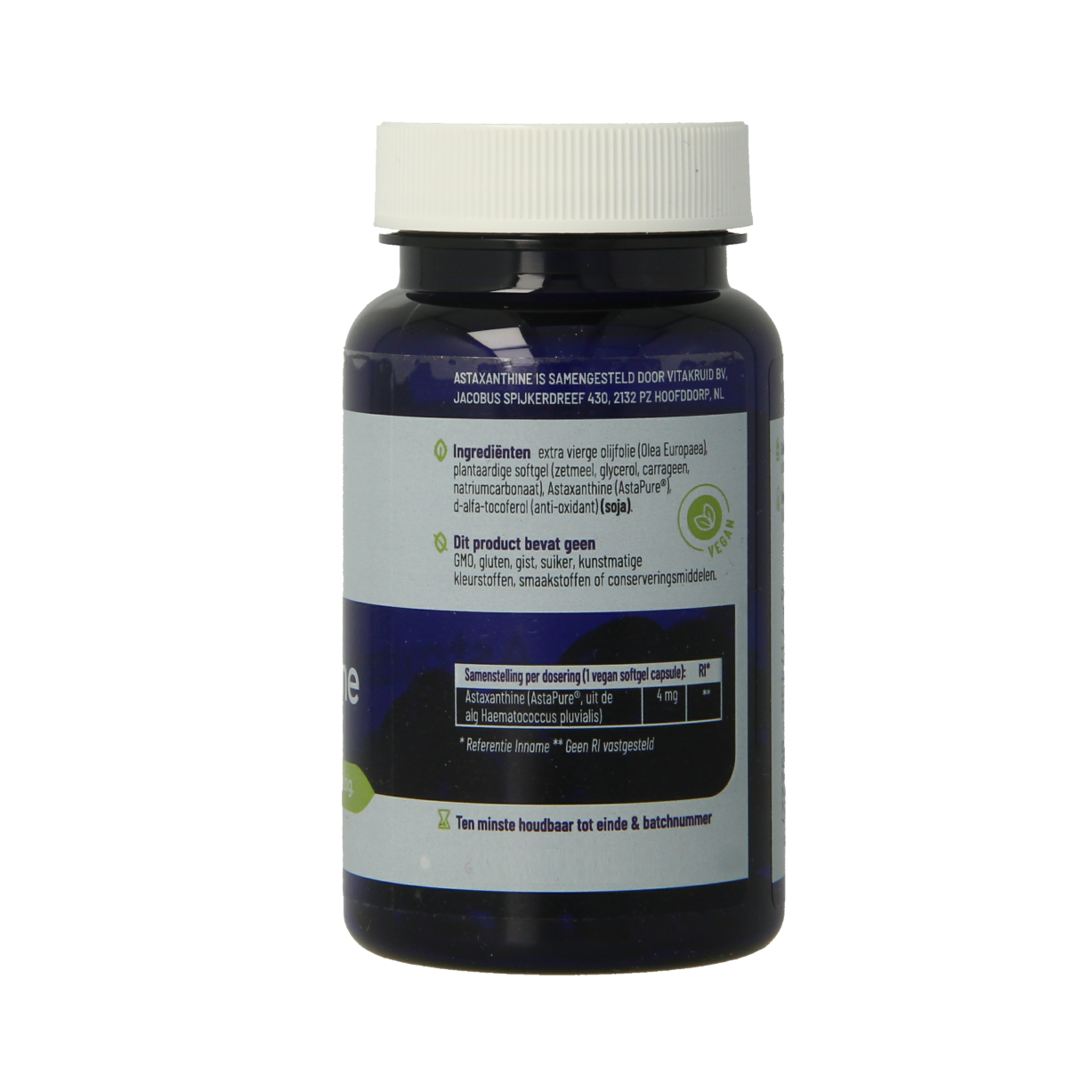 Vegetarische capsules van Vitakruid Astaxanthine Astapure 4mg met duurzaam gekweekte alg, kruidenpreparaat voor antioxidanten.