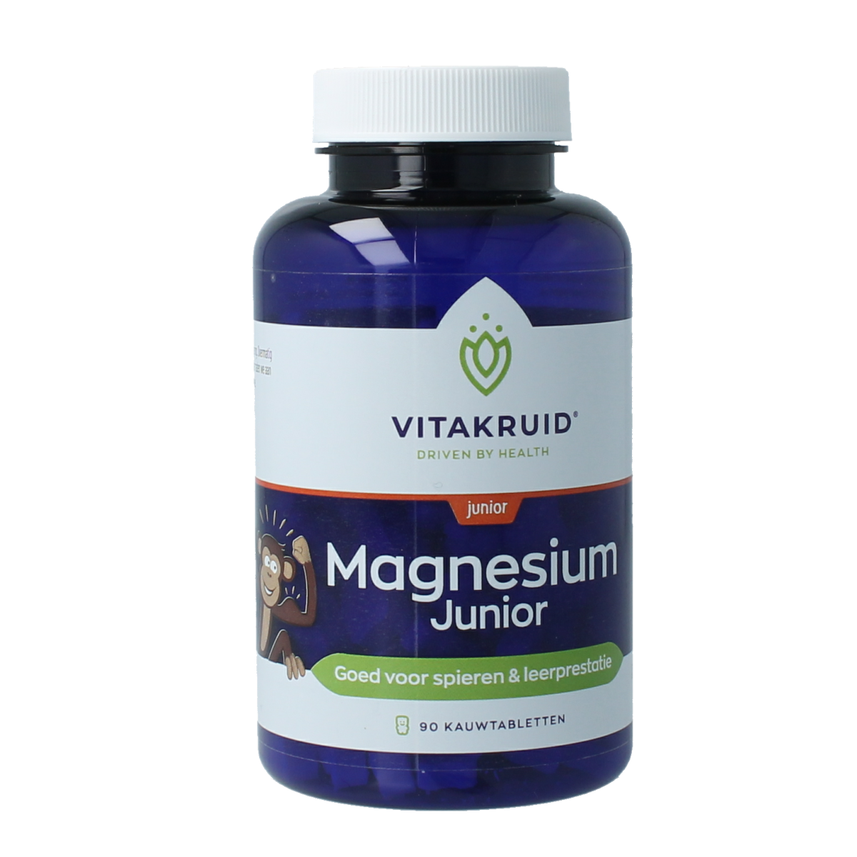 Vitakruid Magnesium Junior chewable tablets in a bottle, easy-to-take mineral supplement for children.