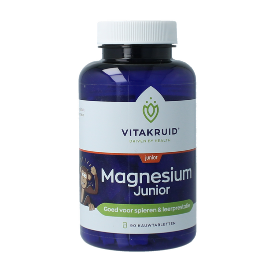 Vitakruid Magnesium Junior chewable tablets in a bottle, easy-to-take mineral supplement for children.