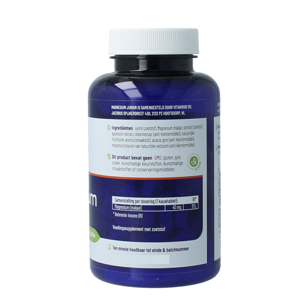 Vitakruid Magnesium Junior chewable tablets in a white bottle, designed for children, with 90 mineral supplement tablets.