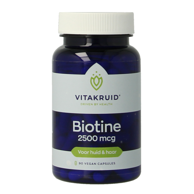 Vitakruid Biotine 2500 mcg supplement for skin, hair, and nails in 90 vegetarian capsules, shown in the product image.