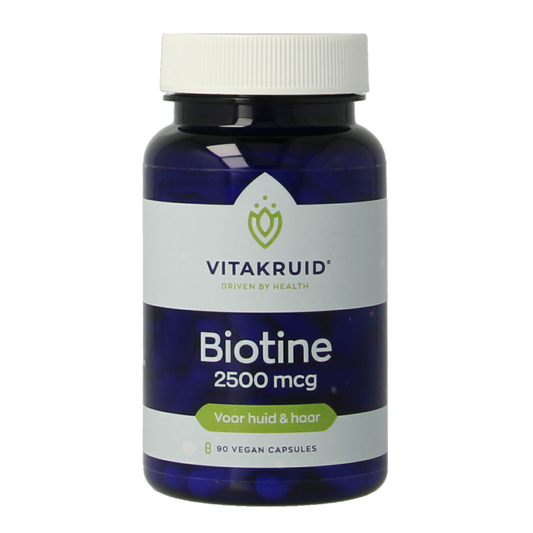 Vitakruid Biotine 2500 mcg supplement for skin, hair, and nails in 90 vegetarian capsules, shown in the product image.