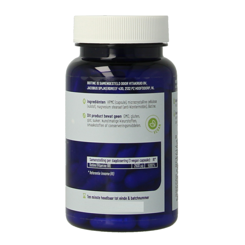Vitakruid Biotine 2500 mcg capsules for skin, hair, and nails, vegetarian vitamin supplement in a bottle.