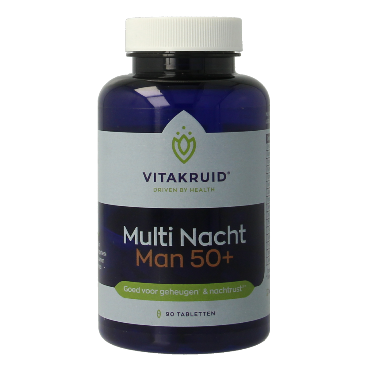 VitaKruid Multi Nacht Man 50+ vegan multivitamin tablets, showing a bottle of 90 tablets in the image.