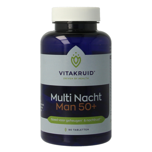 VitaKruid Multi Nacht Man 50+ vegan multivitamin tablets, showing a bottle of 90 tablets in the image.